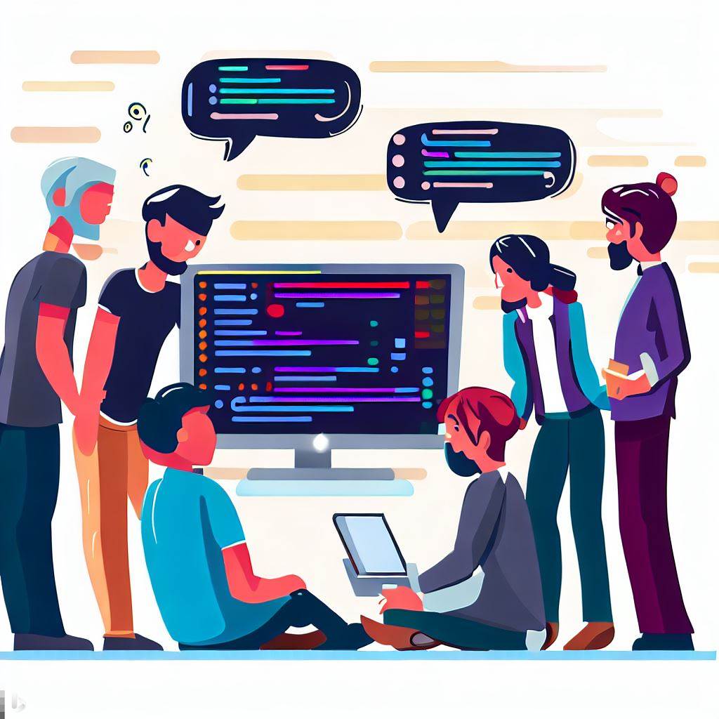 Cartoon of people reviewing code